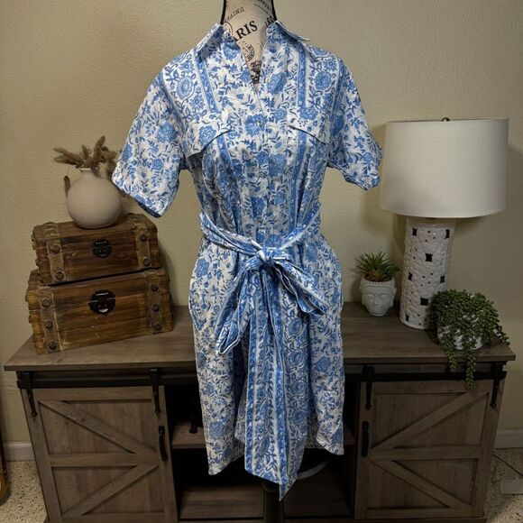 Sue Sartor Floral Mini Shirt Dress Sz S Resort Casual Tie Waist Button Front - Picture 1 of 10